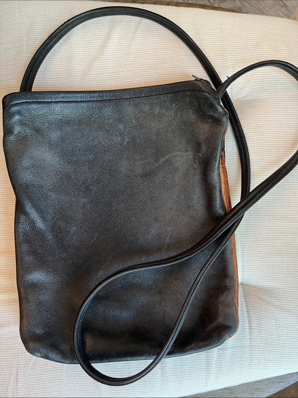 Vintage Black and Brown Leather Crossbody Bag - Minimalist Shoulder Bag
